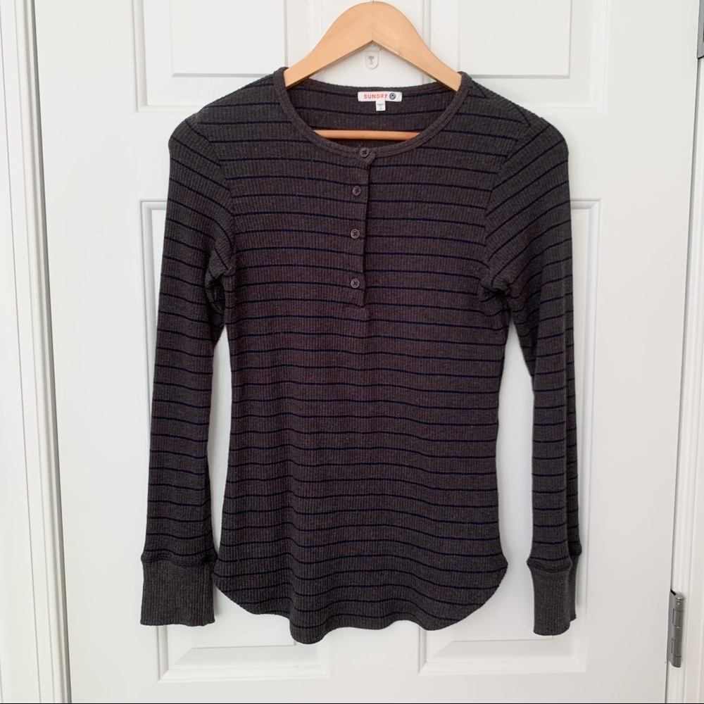 Sundry Gray Blue Stripe Henley Shirt Sweater Sz S